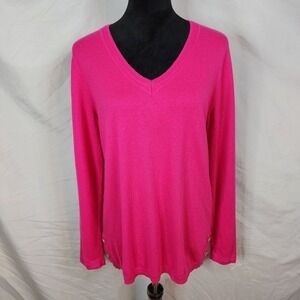 TALBOTS Size Medium Hot Pink Lightweight Preppy V-Neck Sweater Layering Buttons